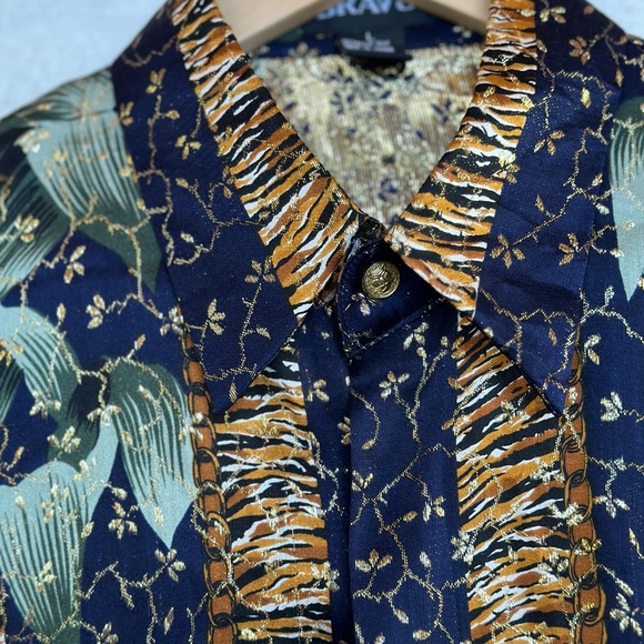 Vtg BRAVO men’s metallic silk tiger animal print gold browns button up shirt L - Picture 8 of 16